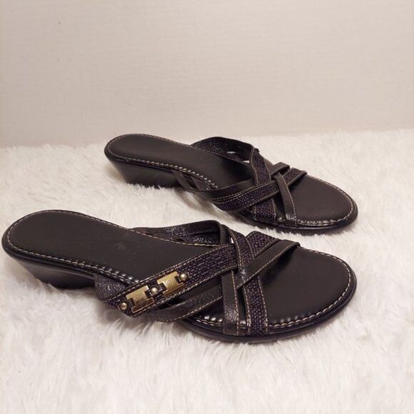 Womens Strappy Sandals Size 9 Made in Italy Black Leather Slip On 1.5" Wedge - Picture 3 of 12